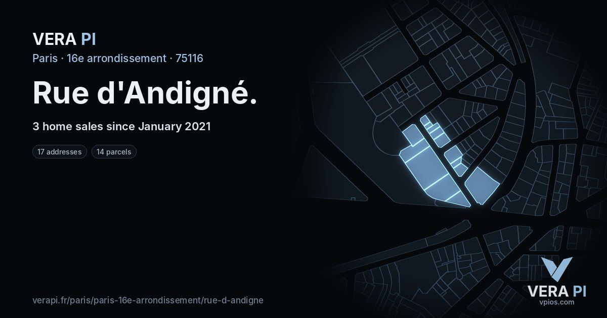 Rue d'Andigné, 16e arrondissement at night – every parcel coloured by the prices around it, the street's own parcels lit