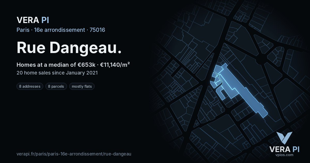 Rue Dangeau, 16e arrondissement at night – every parcel coloured by the prices around it, the street's own parcels lit