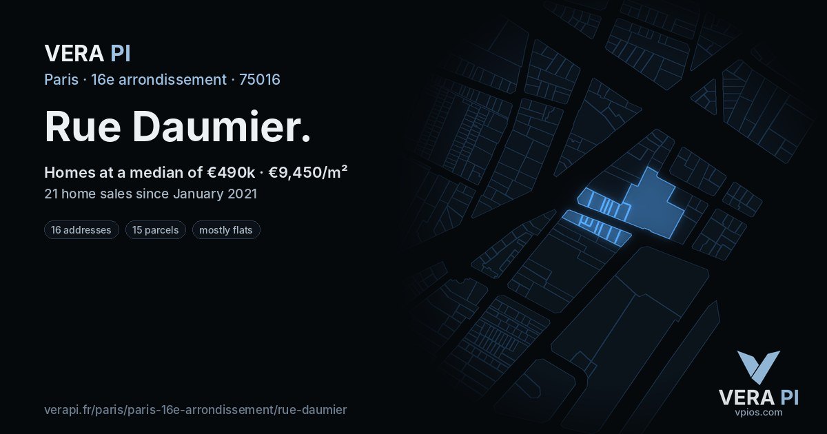 Rue Daumier, 16e arrondissement at night – every parcel coloured by the prices around it, the street's own parcels lit