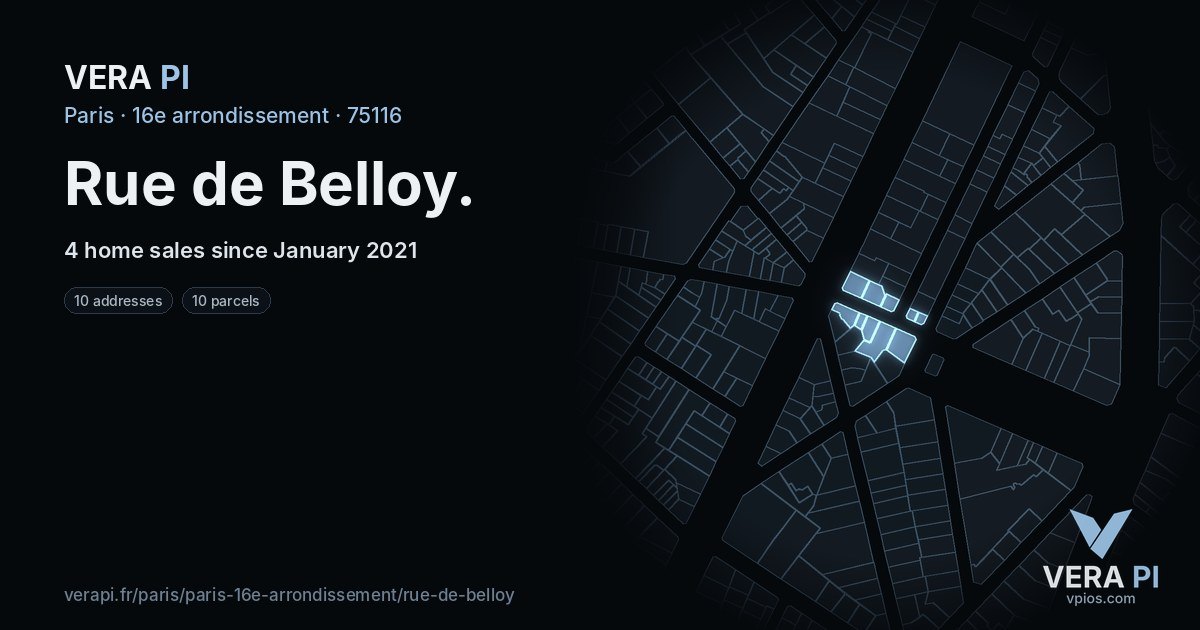 Rue de Belloy, 16e arrondissement at night – every parcel coloured by the prices around it, the street's own parcels lit