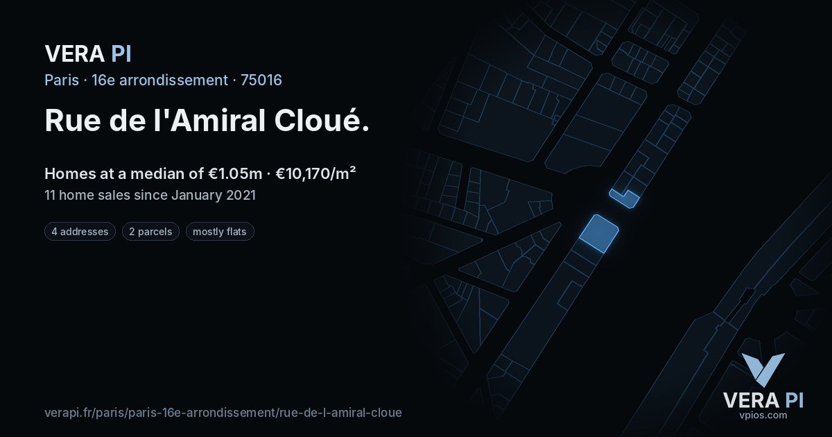 Rue de l'Amiral Cloué, 16e arrondissement at night – every parcel coloured by the prices around it, the street's own parcels lit