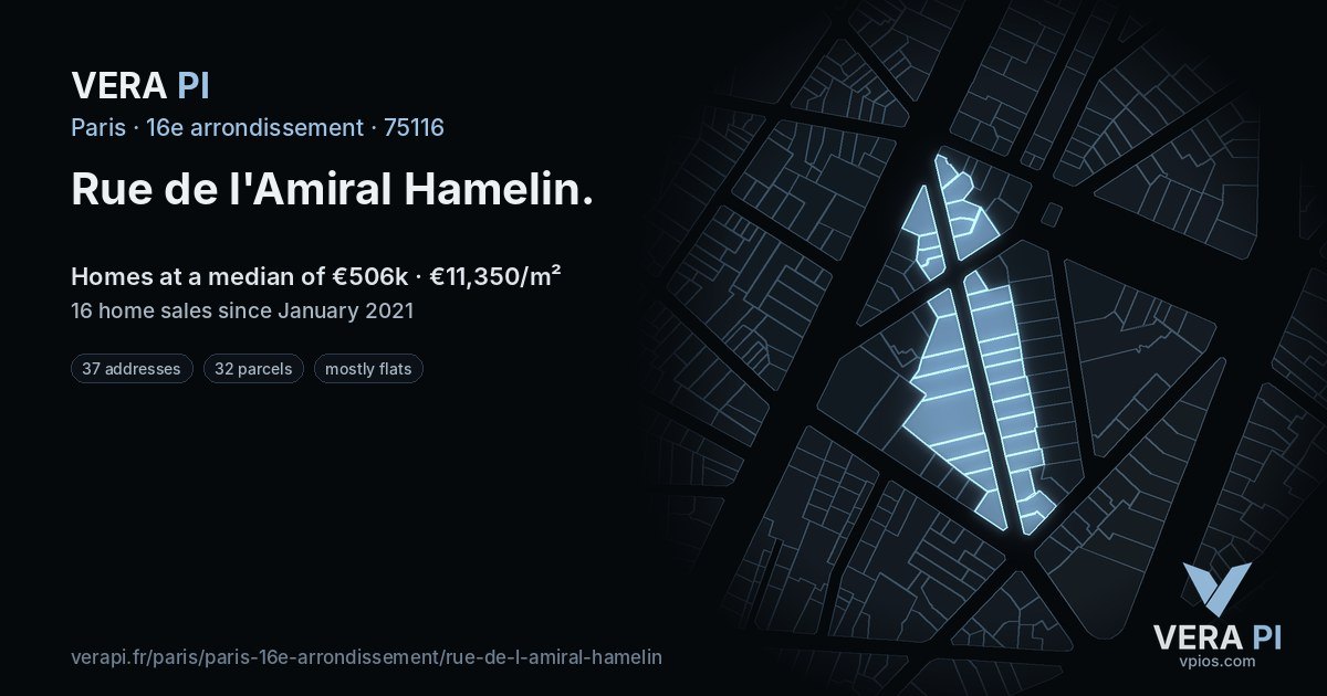 Rue de l'Amiral Hamelin, 16e arrondissement at night – every parcel coloured by the prices around it, the street's own parcels lit