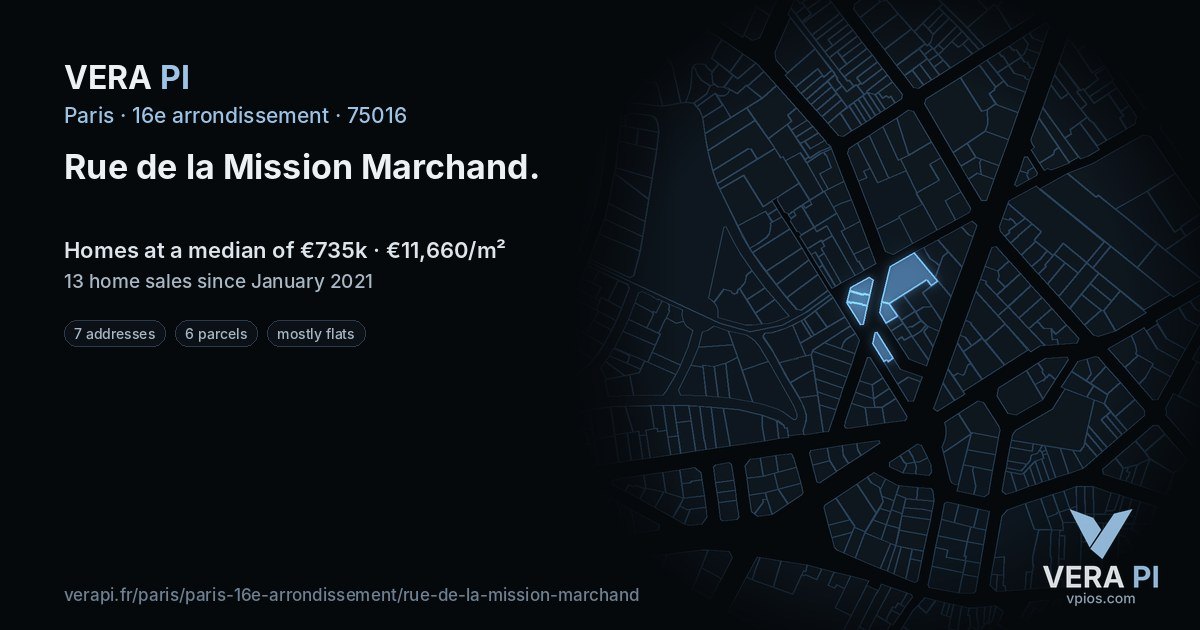 Rue de la Mission Marchand, 16e arrondissement at night – every parcel coloured by the prices around it, the street's own parcels lit