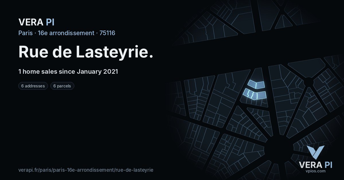 Rue de Lasteyrie, 16e arrondissement at night – every parcel coloured by the prices around it, the street's own parcels lit