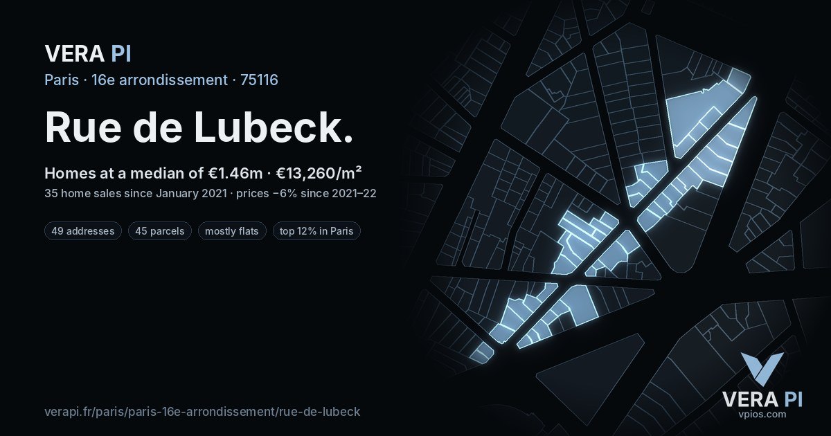 Rue de Lubeck, 16e arrondissement at night – every parcel coloured by the prices around it, the street's own parcels lit