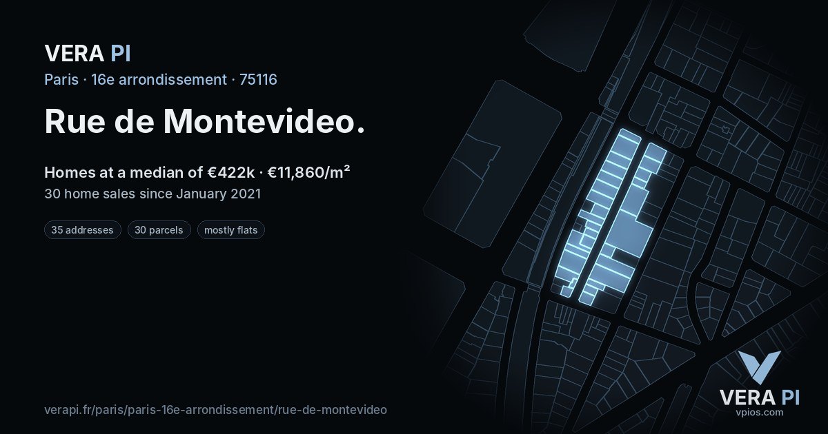 Rue de Montevideo, 16e arrondissement at night – every parcel coloured by the prices around it, the street's own parcels lit