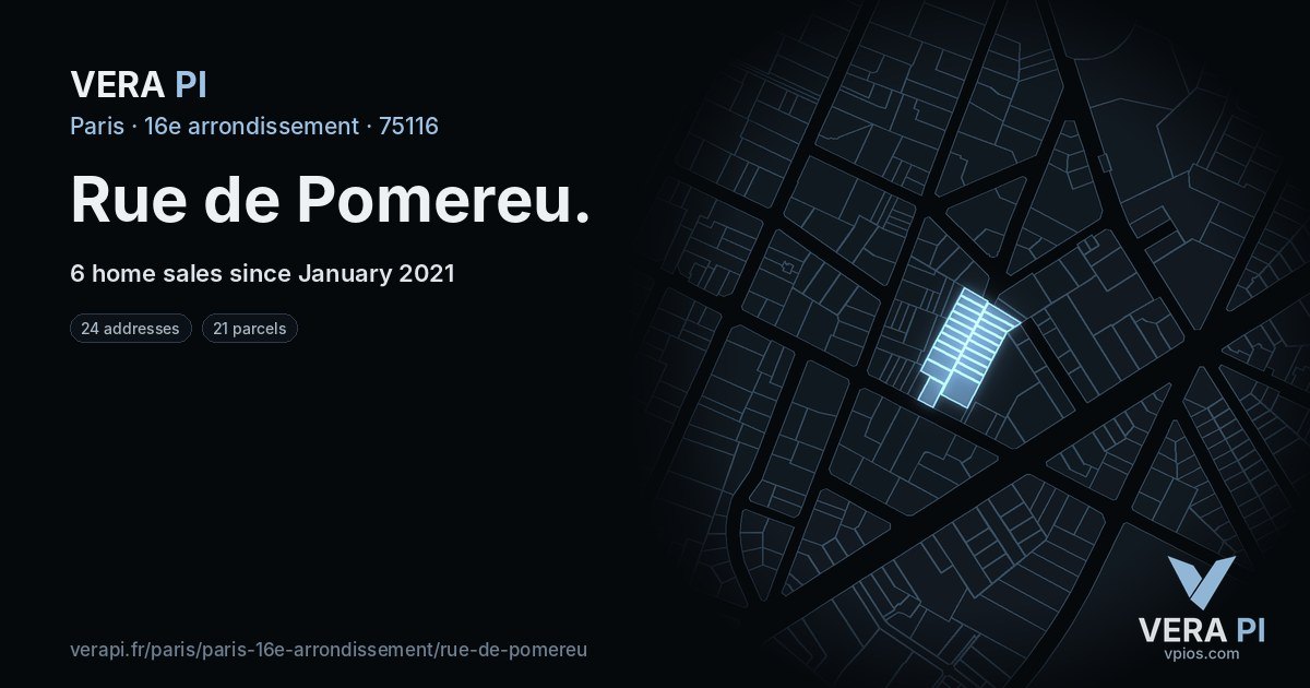 Rue de Pomereu, 16e arrondissement at night – every parcel coloured by the prices around it, the street's own parcels lit