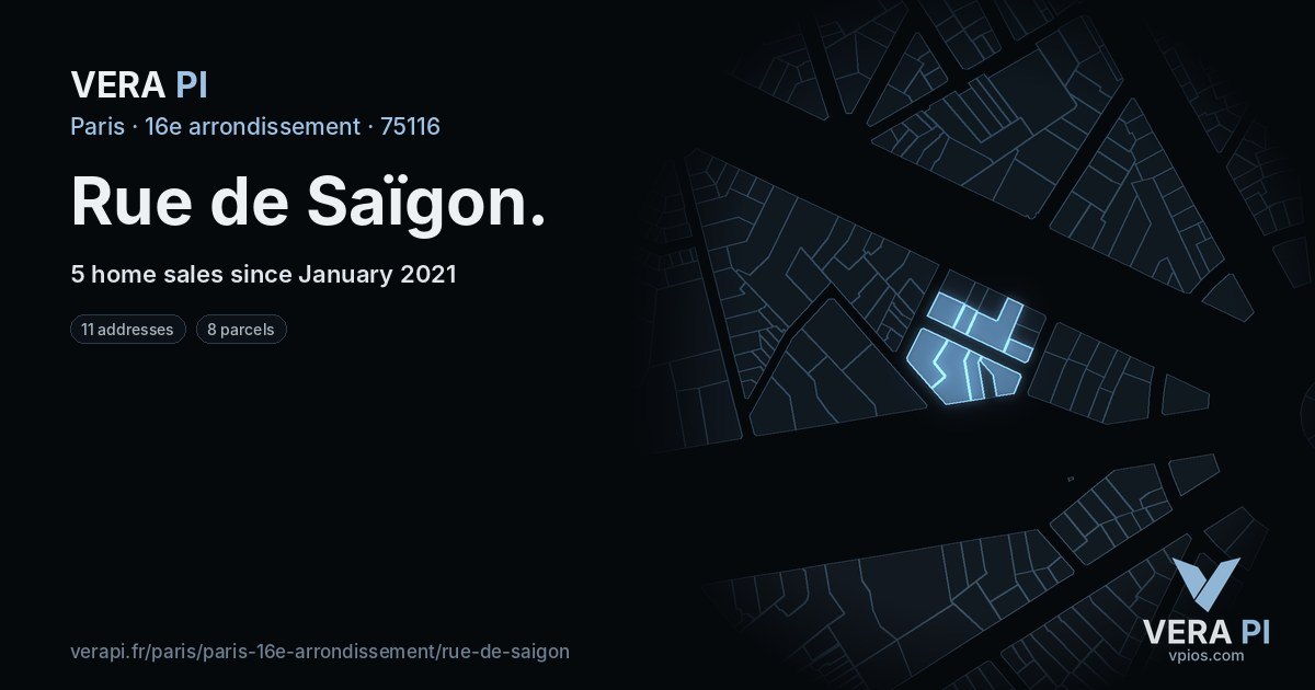 Rue de Saïgon, 16e arrondissement at night – every parcel coloured by the prices around it, the street's own parcels lit