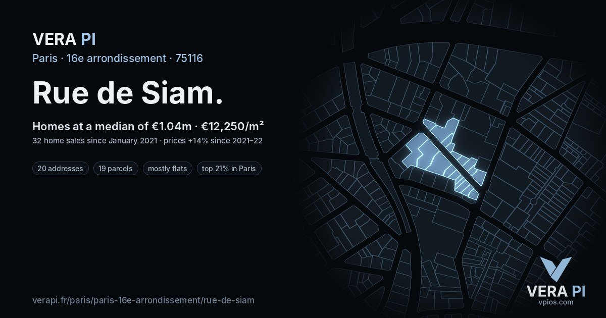 Rue de Siam, 16e arrondissement at night – every parcel coloured by the prices around it, the street's own parcels lit