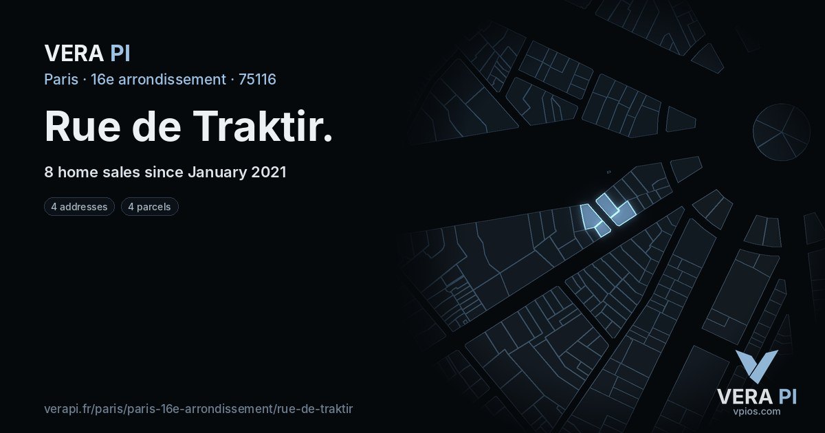 Rue de Traktir, 16e arrondissement at night – every parcel coloured by the prices around it, the street's own parcels lit
