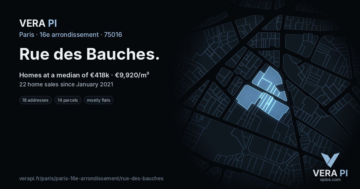 Rue des Bauches, 16e arrondissement at night – every parcel coloured by the prices around it, the street's own parcels lit