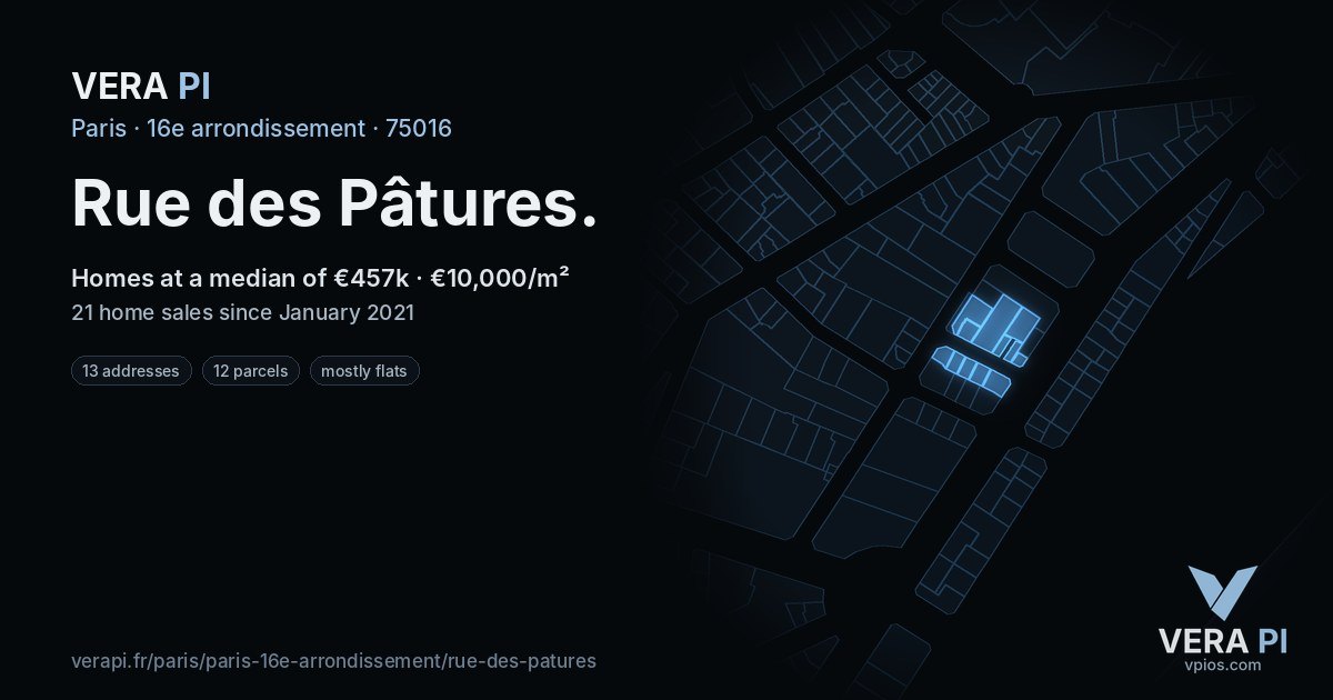 Rue des Pâtures, 16e arrondissement at night – every parcel coloured by the prices around it, the street's own parcels lit