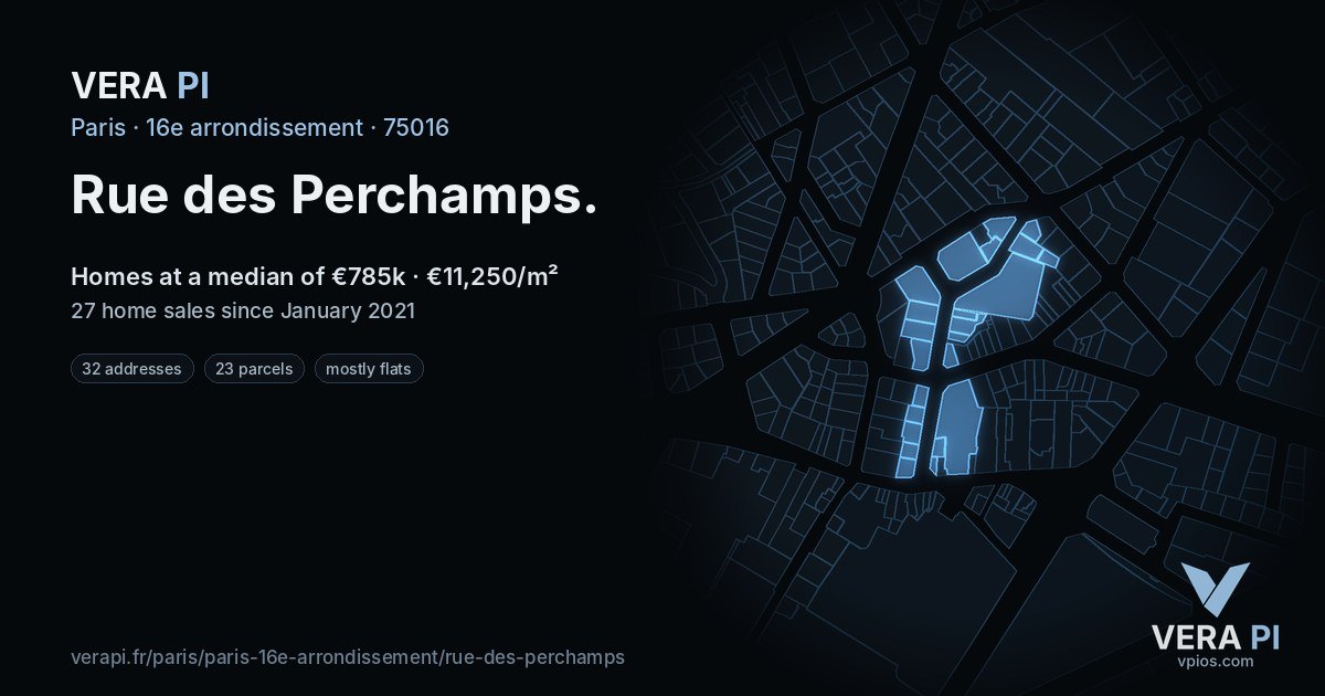 Rue des Perchamps, 16e arrondissement at night – every parcel coloured by the prices around it, the street's own parcels lit
