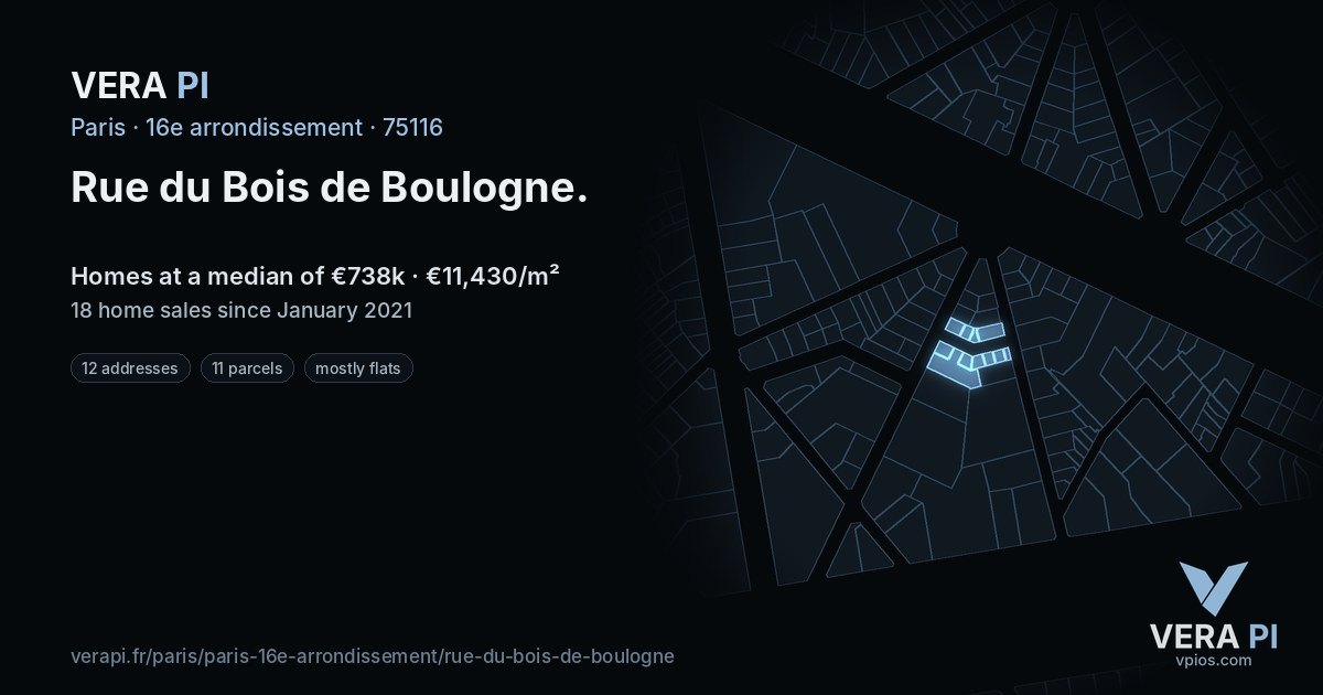 Rue du Bois de Boulogne, 16e arrondissement at night – every parcel coloured by the prices around it, the street's own parcels lit