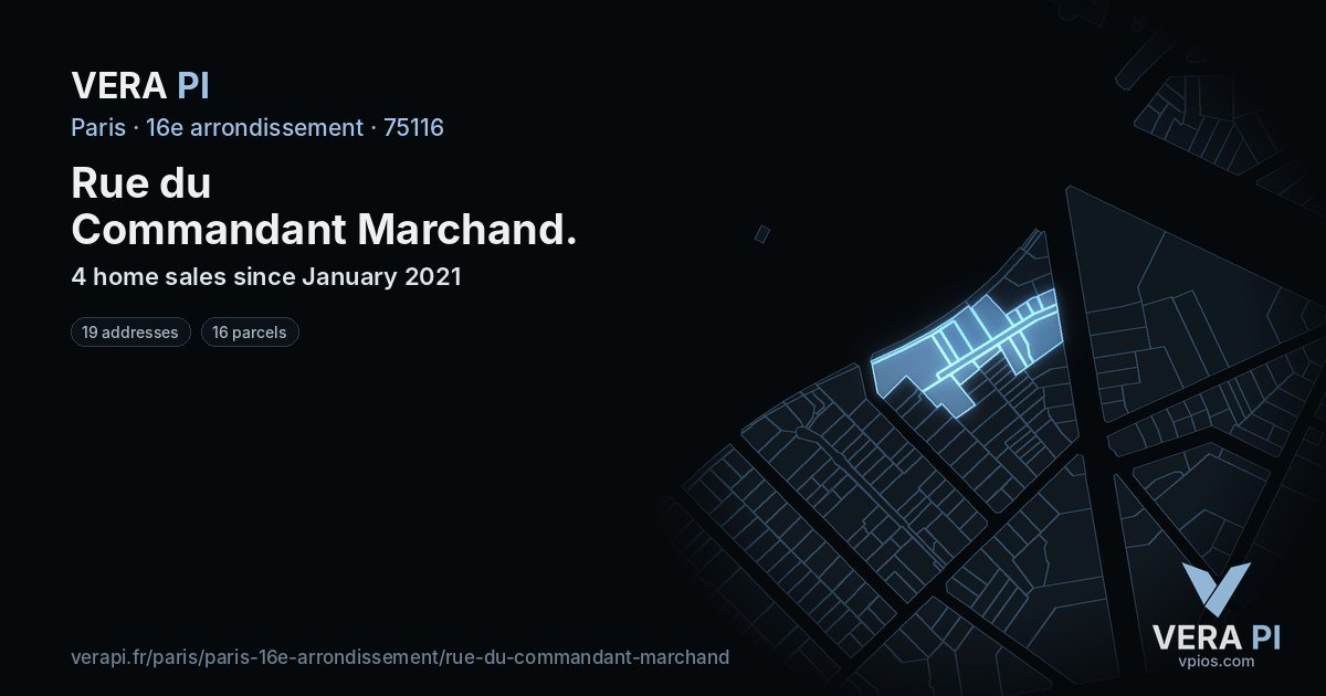 Rue du Commandant Marchand, 16e arrondissement at night – every parcel coloured by the prices around it, the street's own parcels lit