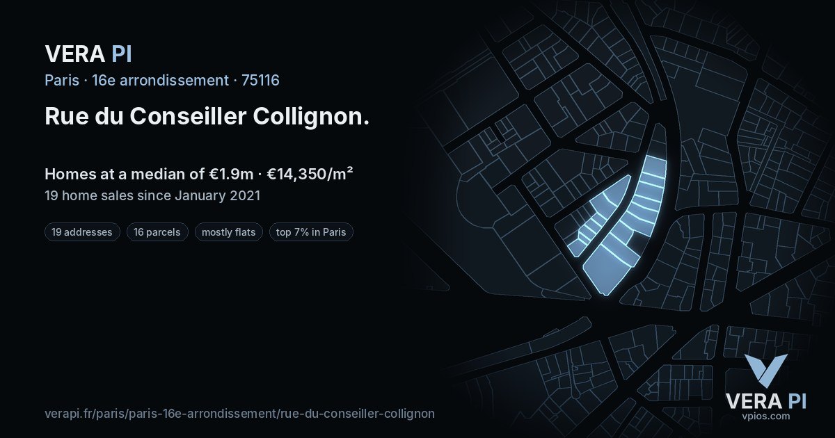 Rue du Conseiller Collignon, 16e arrondissement at night – every parcel coloured by the prices around it, the street's own parcels lit