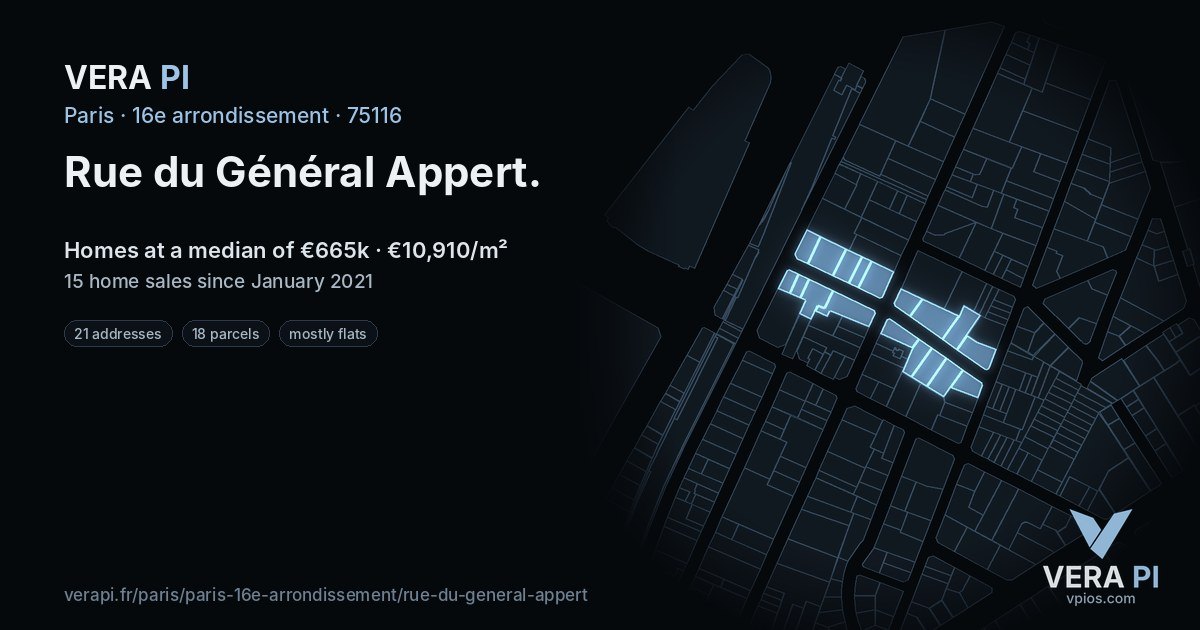 Rue du Général Appert, 16e arrondissement at night – every parcel coloured by the prices around it, the street's own parcels lit