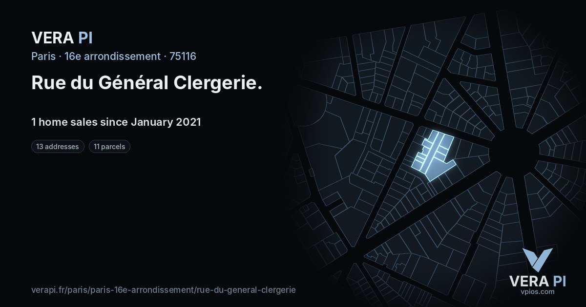 Rue du Général Clergerie, 16e arrondissement at night – every parcel coloured by the prices around it, the street's own parcels lit