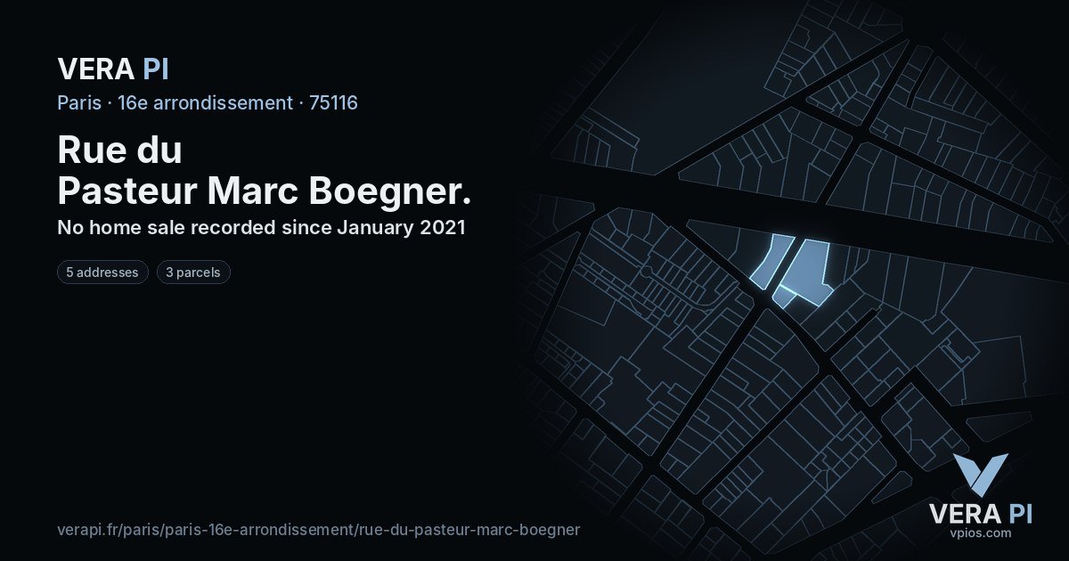 Rue du Pasteur Marc Boegner, 16e arrondissement at night – every parcel coloured by the prices around it, the street's own parcels lit