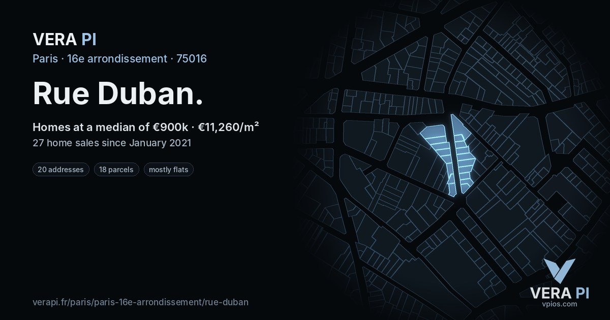 Rue Duban, 16e arrondissement at night – every parcel coloured by the prices around it, the street's own parcels lit