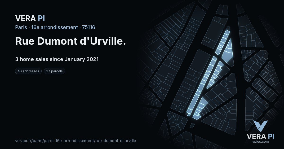 Rue Dumont d'Urville, 16e arrondissement at night – every parcel coloured by the prices around it, the street's own parcels lit