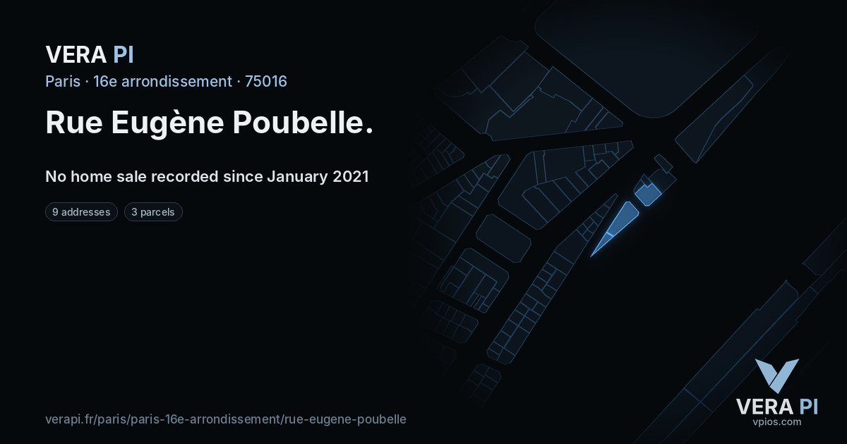 Rue Eugène Poubelle, 16e arrondissement at night – every parcel coloured by the prices around it, the street's own parcels lit