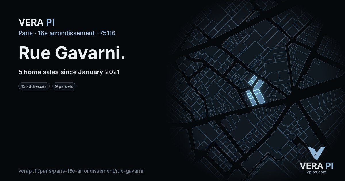 Rue Gavarni, 16e arrondissement at night – every parcel coloured by the prices around it, the street's own parcels lit