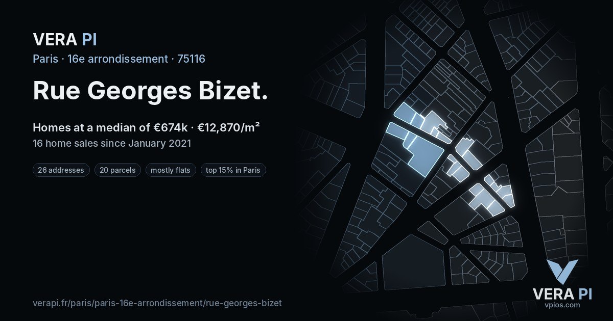 Rue Georges Bizet, 16e arrondissement at night – every parcel coloured by the prices around it, the street's own parcels lit