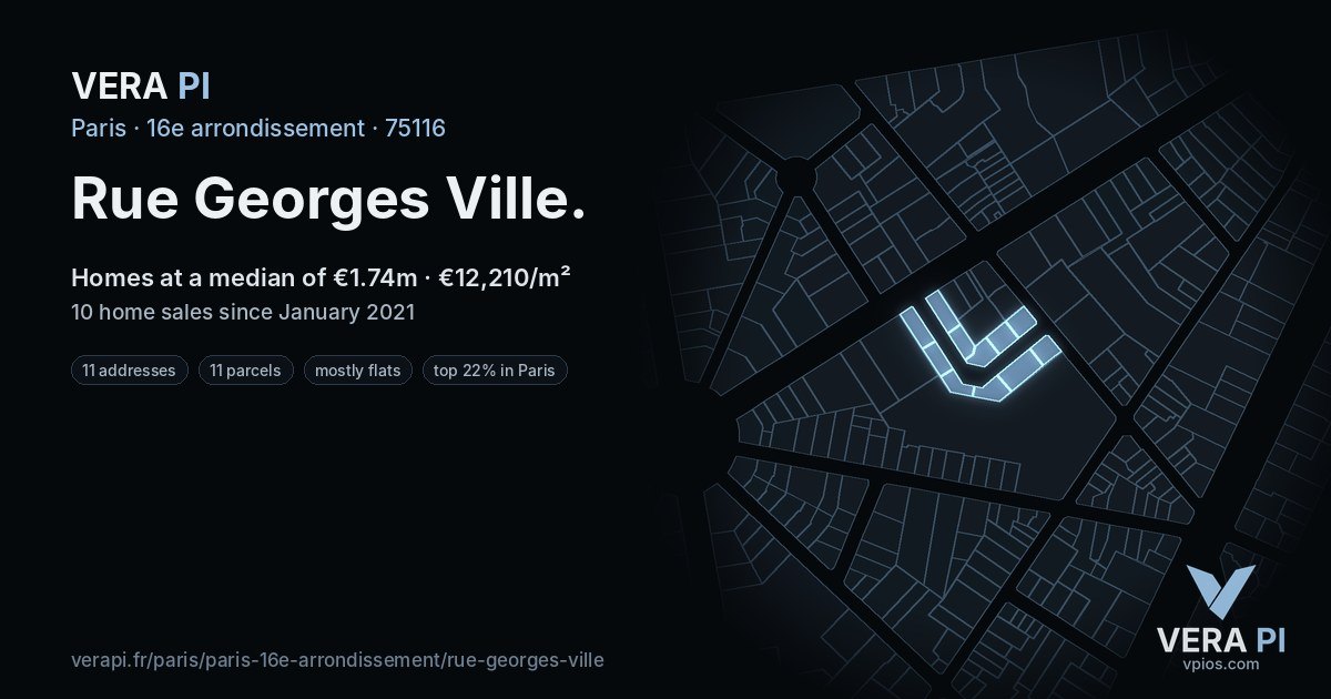 Rue Georges Ville, 16e arrondissement at night – every parcel coloured by the prices around it, the street's own parcels lit