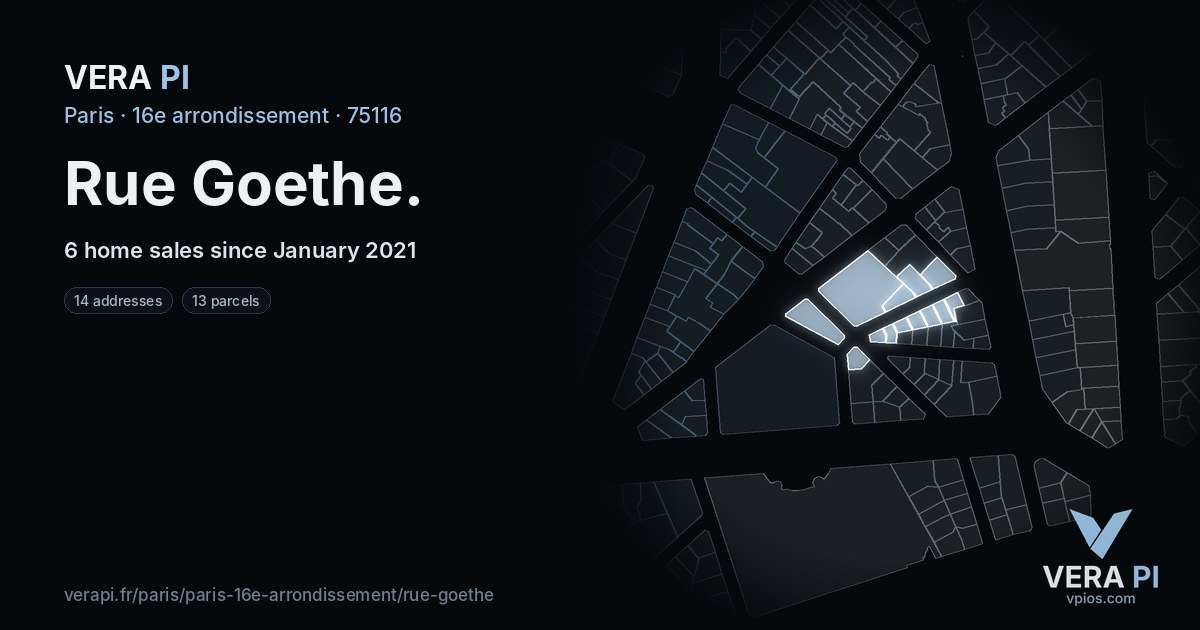 Rue Goethe, 16e arrondissement at night – every parcel coloured by the prices around it, the street's own parcels lit