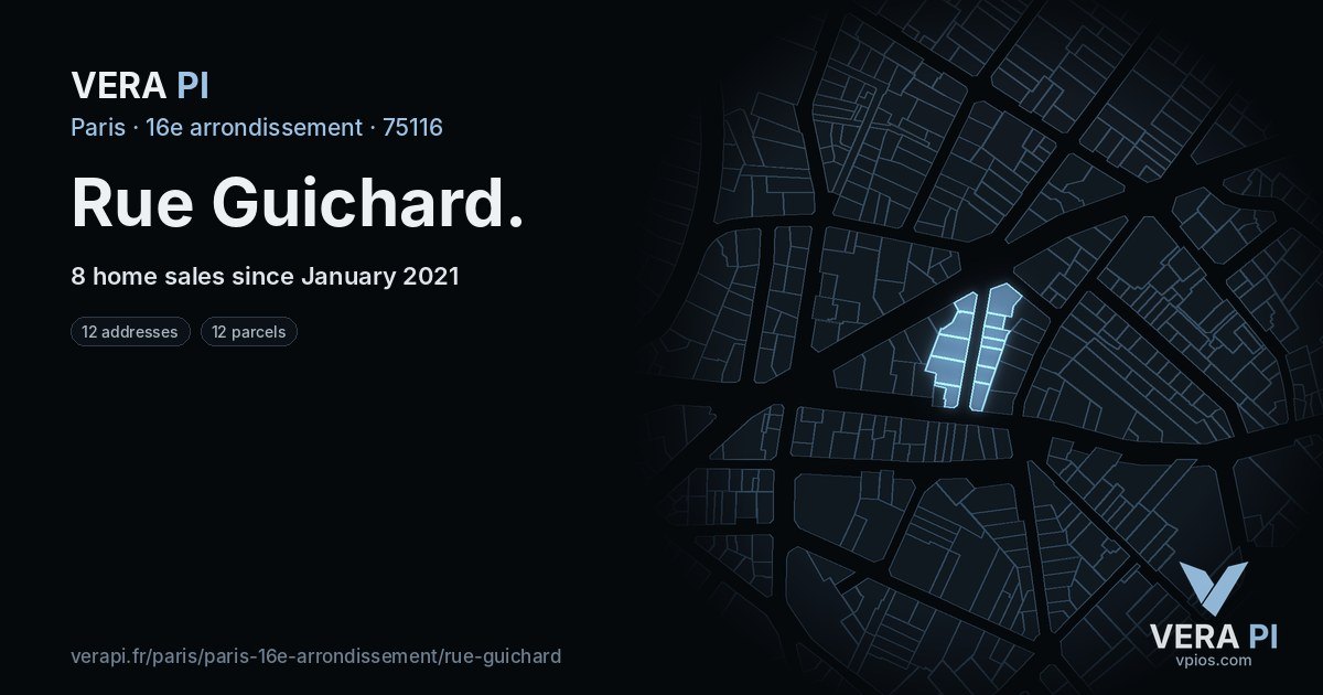 Rue Guichard, 16e arrondissement at night – every parcel coloured by the prices around it, the street's own parcels lit