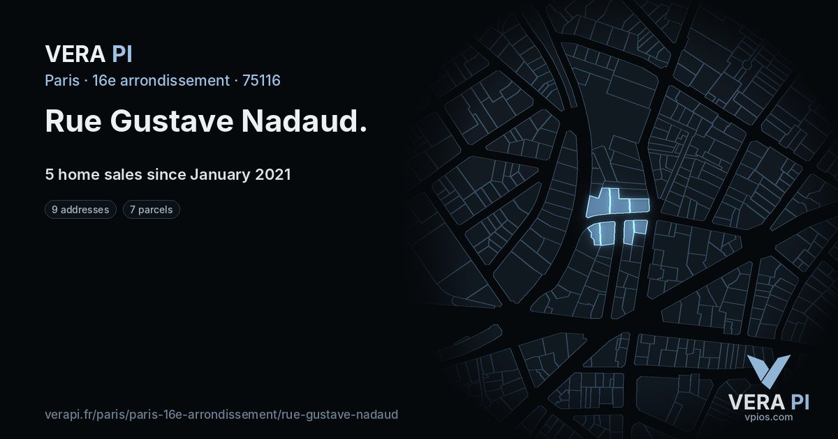 Rue Gustave Nadaud, 16e arrondissement at night – every parcel coloured by the prices around it, the street's own parcels lit