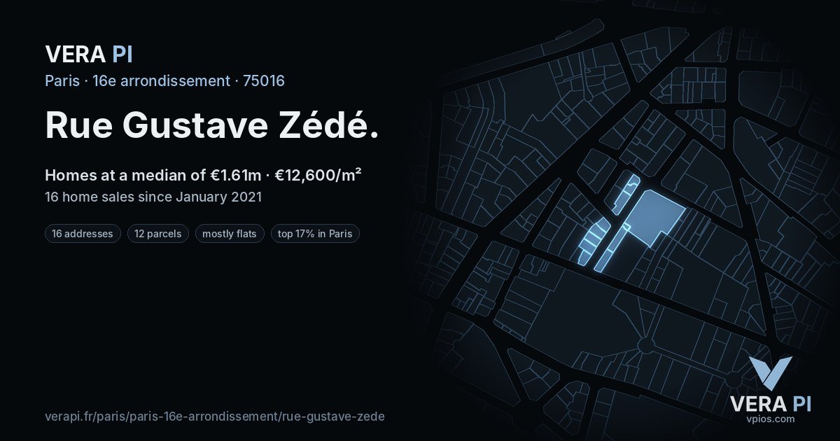 Rue Gustave Zédé, 16e arrondissement at night – every parcel coloured by the prices around it, the street's own parcels lit