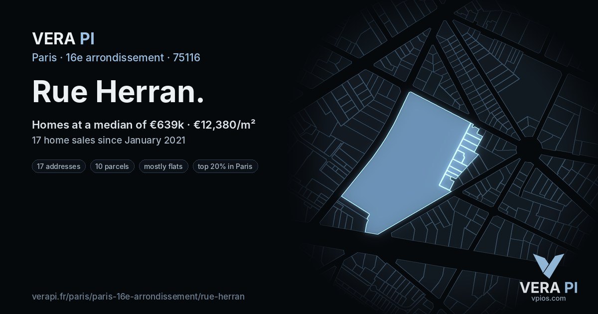 Rue Herran, 16e arrondissement at night – every parcel coloured by the prices around it, the street's own parcels lit