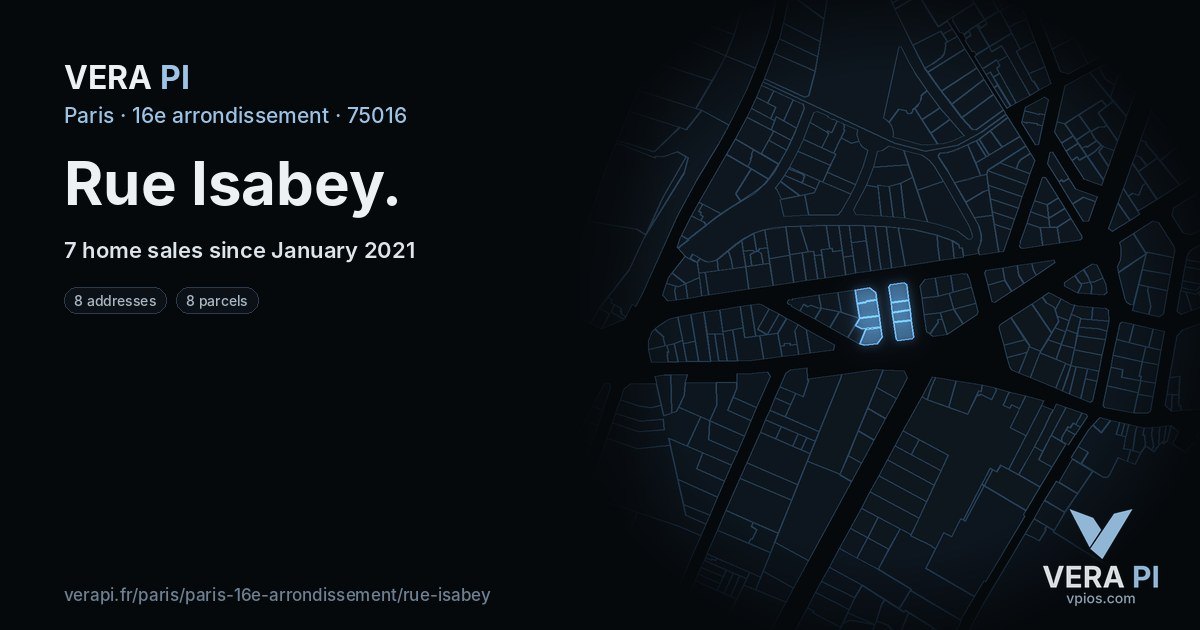 Rue Isabey, 16e arrondissement at night – every parcel coloured by the prices around it, the street's own parcels lit