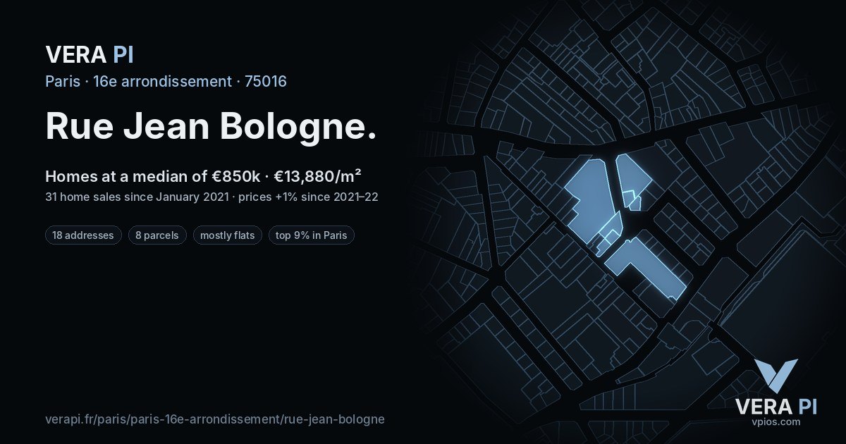 Rue Jean Bologne, 16e arrondissement at night – every parcel coloured by the prices around it, the street's own parcels lit