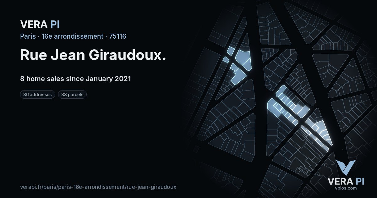 Rue Jean Giraudoux, 16e arrondissement at night – every parcel coloured by the prices around it, the street's own parcels lit