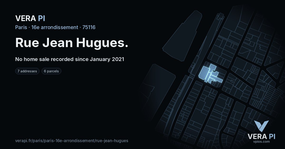 Rue Jean Hugues, 16e arrondissement at night – every parcel coloured by the prices around it, the street's own parcels lit