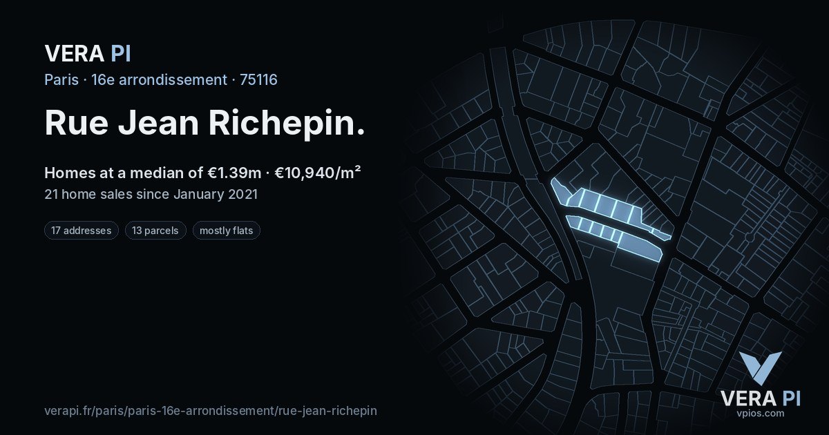 Rue Jean Richepin, 16e arrondissement at night – every parcel coloured by the prices around it, the street's own parcels lit