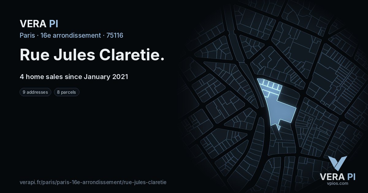 Rue Jules Claretie, 16e arrondissement at night – every parcel coloured by the prices around it, the street's own parcels lit