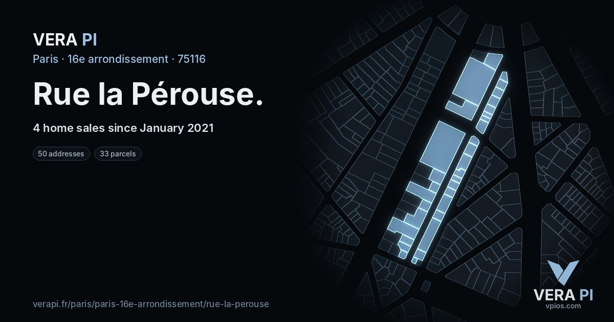 Rue la Pérouse, 16e arrondissement at night – every parcel coloured by the prices around it, the street's own parcels lit