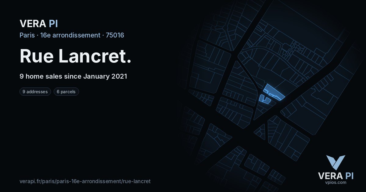 Rue Lancret, 16e arrondissement at night – every parcel coloured by the prices around it, the street's own parcels lit
