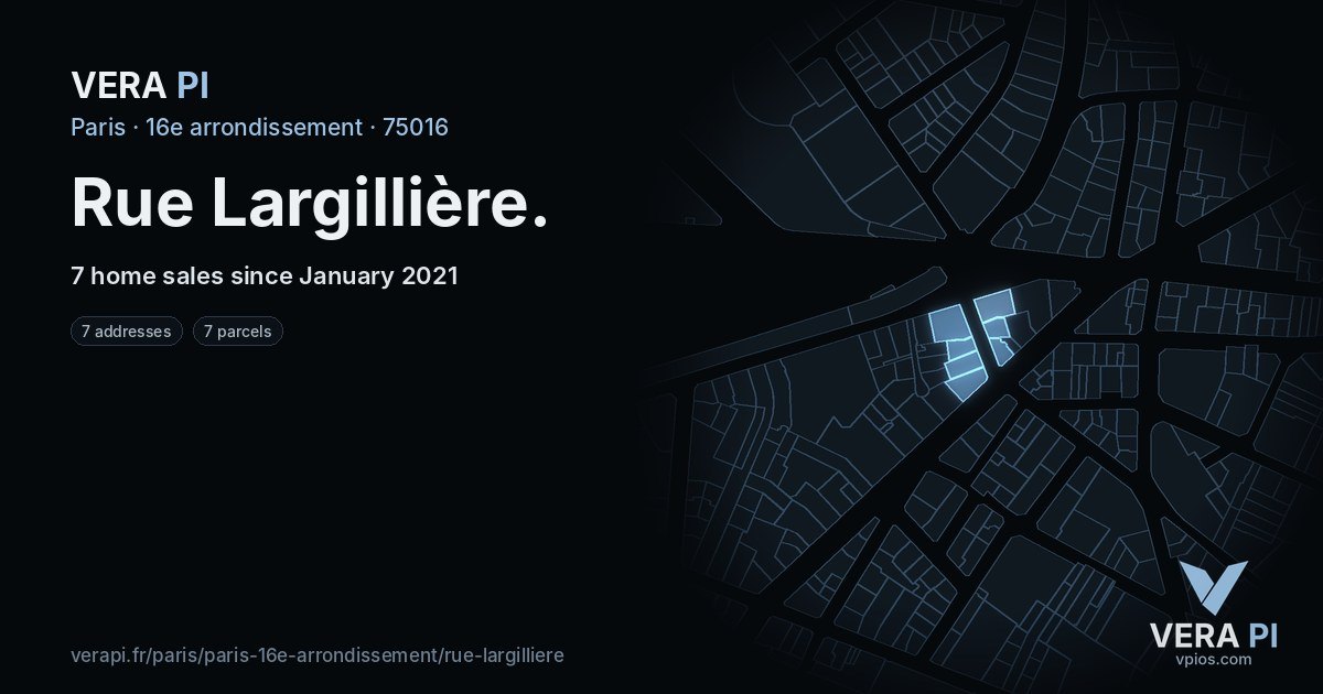 Rue Largillière, 16e arrondissement at night – every parcel coloured by the prices around it, the street's own parcels lit
