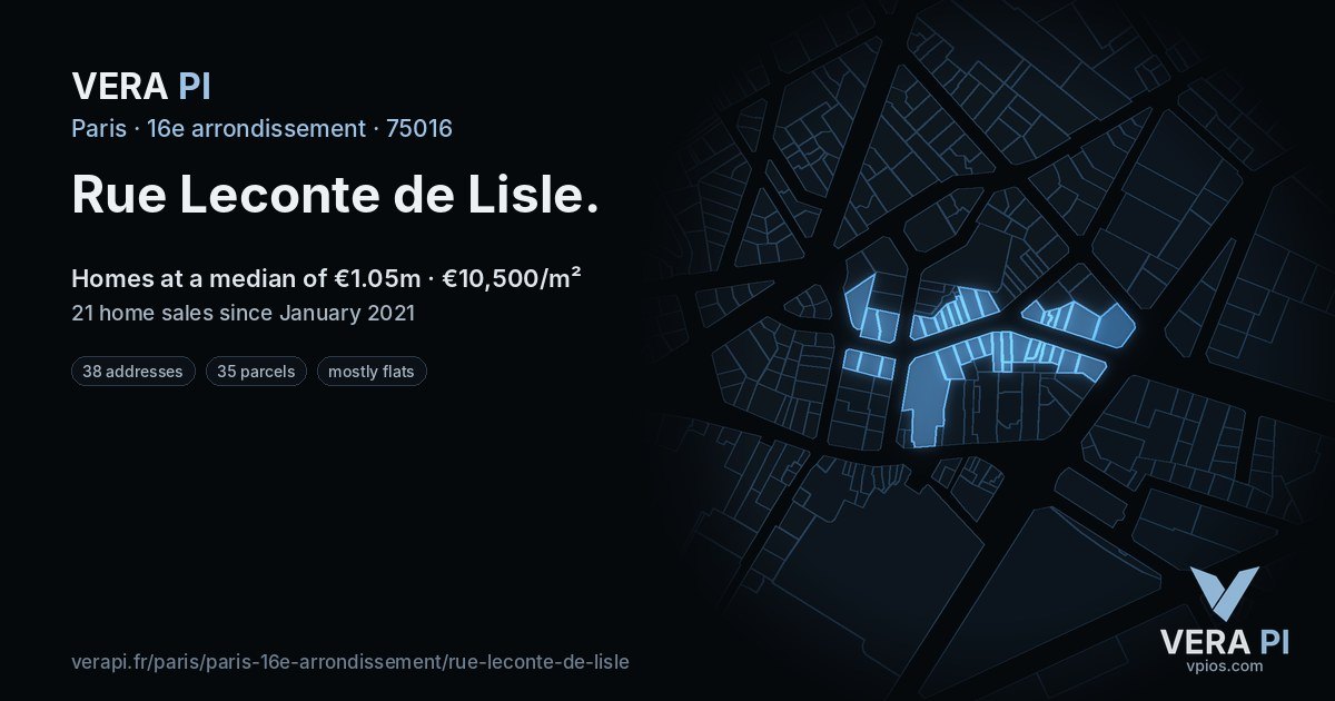 Rue Leconte de Lisle, 16e arrondissement at night – every parcel coloured by the prices around it, the street's own parcels lit