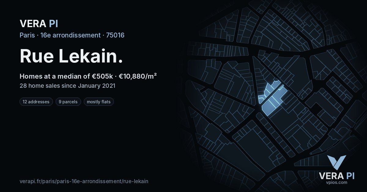 Rue Lekain, 16e arrondissement at night – every parcel coloured by the prices around it, the street's own parcels lit