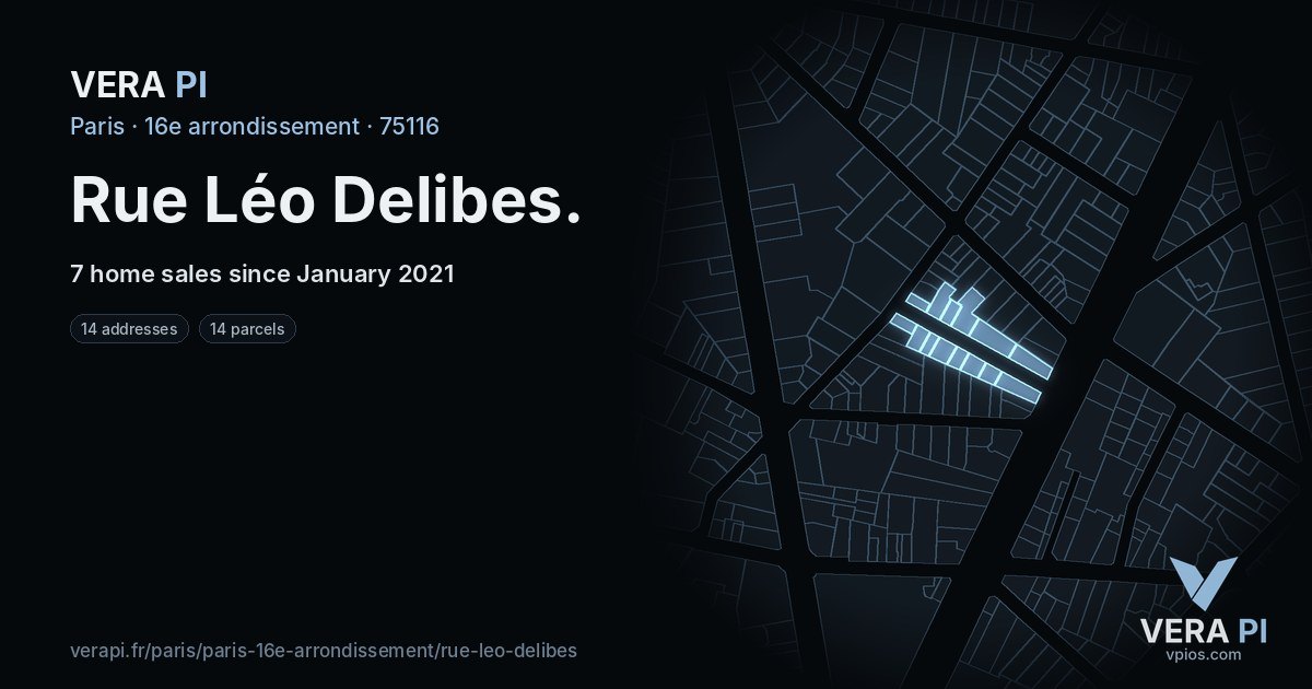 Rue Léo Delibes, 16e arrondissement at night – every parcel coloured by the prices around it, the street's own parcels lit