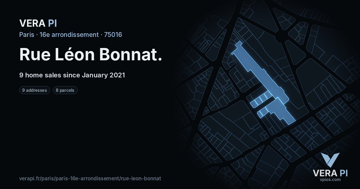 Rue Léon Bonnat, 16e arrondissement at night – every parcel coloured by the prices around it, the street's own parcels lit