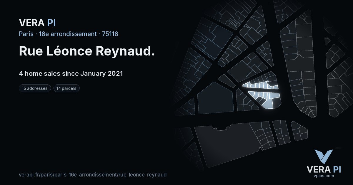 Rue Léonce Reynaud, 16e arrondissement at night – every parcel coloured by the prices around it, the street's own parcels lit