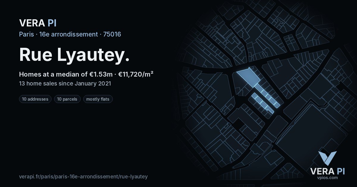 Rue Lyautey, 16e arrondissement at night – every parcel coloured by the prices around it, the street's own parcels lit