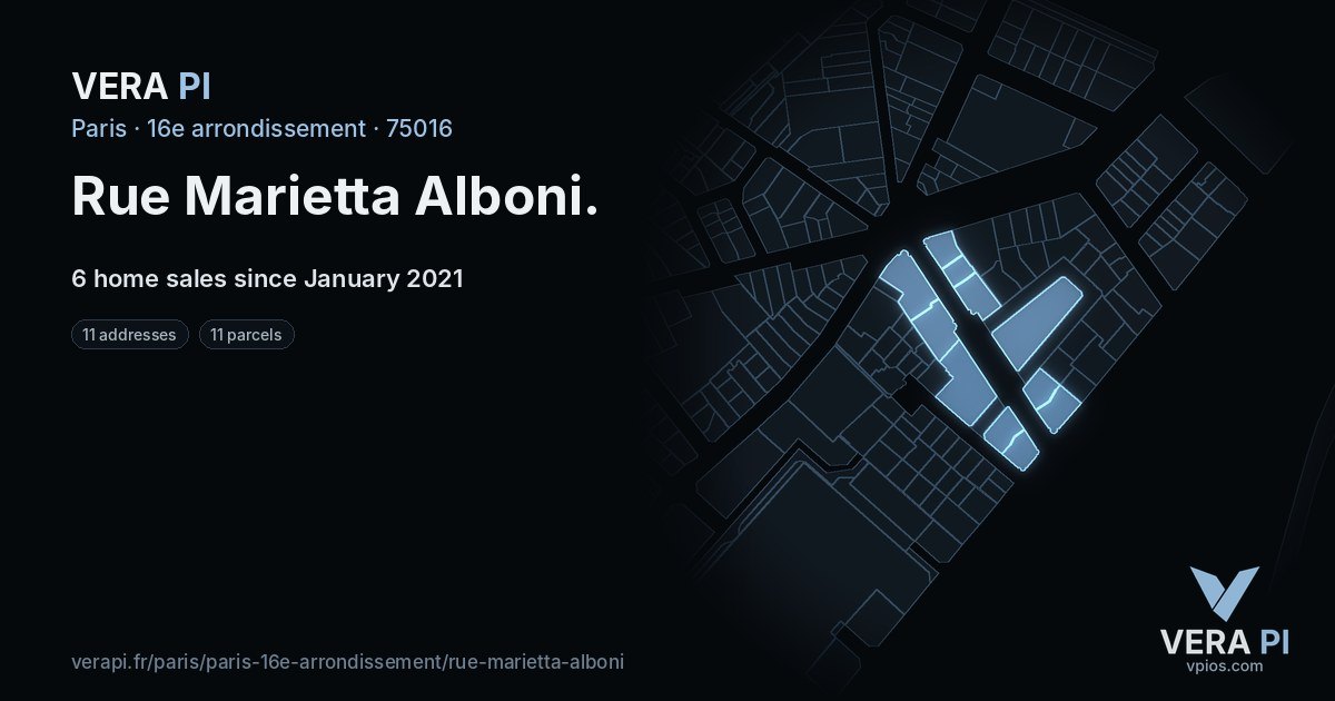 Rue Marietta Alboni, 16e arrondissement at night – every parcel coloured by the prices around it, the street's own parcels lit